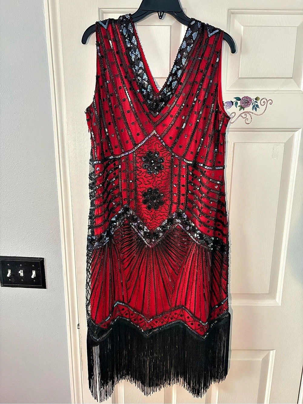 BABEYOND 1920s Sequin Beaded Fringe Flapper Dress Mini Dress Red & Black XXL